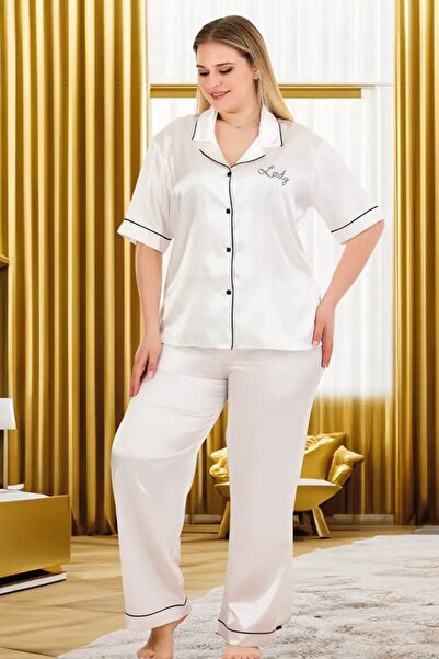 lidofya Buttoned White Satin Plus Size Satin Pajama Set