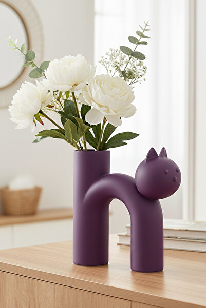 MEK Vază modernă din plastic cu pisică modele drăguțe, violet (17x15cm)