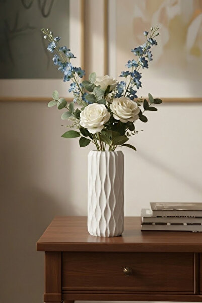 MEK مزهرية بلاستيكية مزخرفة أنيقة بنمط موجي هندسي باللون الأبيض (22 × 9 سم)