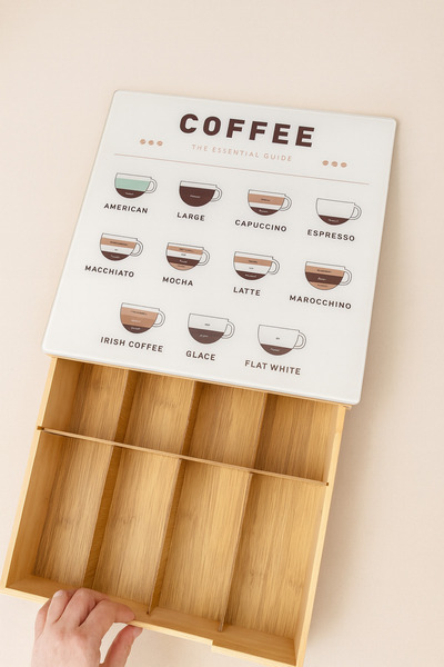 Mirilliahome Bamboo Coffee Corner Organizer 30X40X7 cm – 8 Compartments with Lid Coffee Guide Organizer