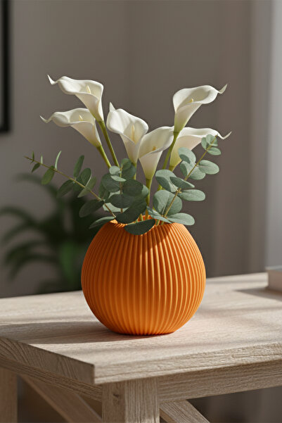 MEK مزهرية بلاستيكية مزخرفة بخطوط بسيطة باللون البرتقالي (12×13 سم)