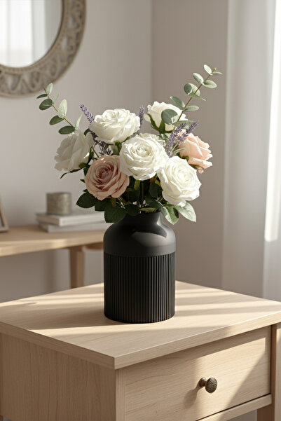 MEK مزهرية بلاستيكية بتصميم عصري مخطط باللون الأسود (21×19 سم)