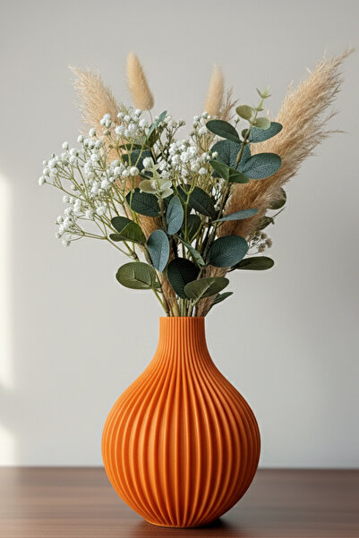 MEK مزهرية بلاستيكية مزخرفة بخطوط عمودية برتقالية (18×14 سم)