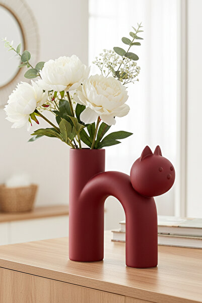 MEK Симпатична котка Дизайн Модерна пластмасова ваза Червена (17x15cm)