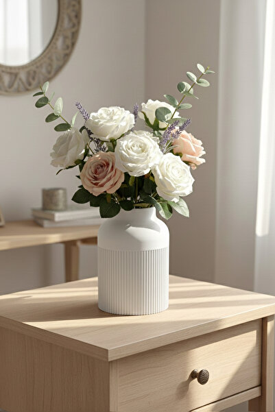 MEK مزهرية بلاستيكية بتصميم خطوط عصرية باللون الأبيض (21×19 سم)