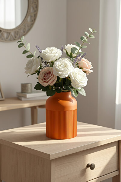 MEK مزهرية بلاستيكية بتصميم عصري مخطط باللون البرتقالي (21×19 سم)