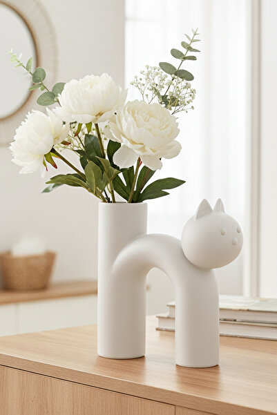 MEK مزهرية بلاستيكية حديثة بتصميم قطة لطيفة باللون الأبيض (17×15 سم)