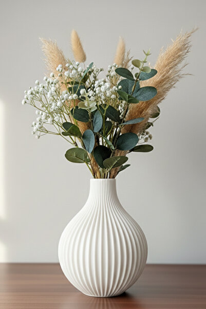 MEK مزهرية بلاستيكية مزخرفة بخطوط عمودية باللون الأبيض (18×14 سم)