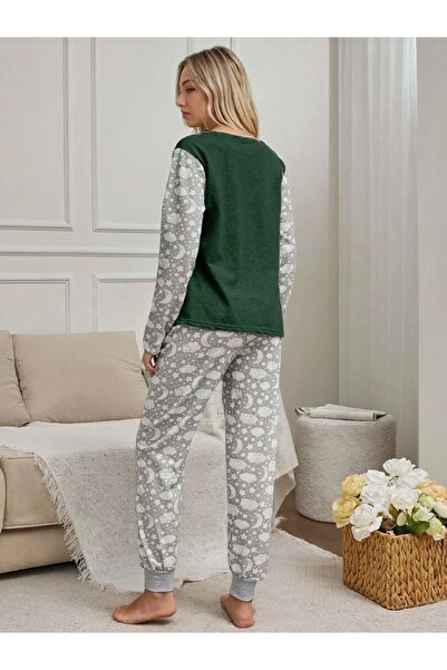 CARLA MARA Green Top Detailed Gray Moon Patterned Single Jersey Fabric Fleece-Lined Women's Pajama Set
