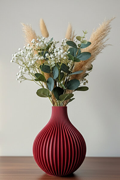 MEK Vază decorativă din plastic cu dungi verticale roșii (18x14cm)