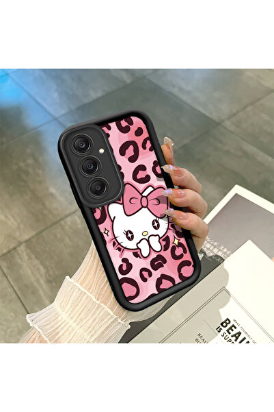 ucuc Samsung Galaxy A24 Uyumlu Siyah Yüksek Kaliteli Silikon Leopar Desenli ve Hello Kitty Kılıfı