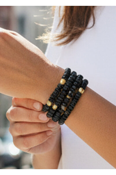 COCOSH TAKI Siyah afgan boncuklu mat gold detaylı dolamalı çoklu bileklik