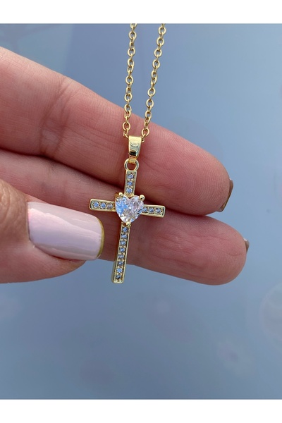 kurukafagift Haç Kolye Çelik Kalp Figürlü Zirkon Taşlı