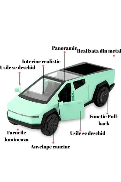 OEM Tesla Cybertruck Metal Car, Sounds and Lights, Moving Doors, Pull-Back Function, 15cm, Turquoise