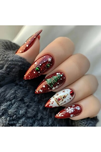 Accessories Hei Kırmızı Yılbaşı Temalı Kendinden Yapışkanlı Takma Tırnak Seti 24 Adet