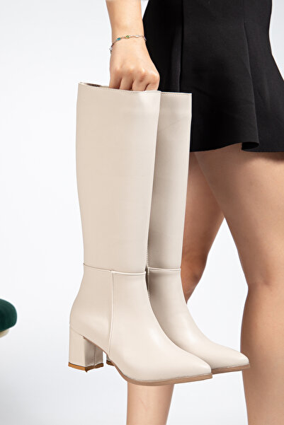 ŞIK STORE Reny Women's Beige Thick Heel Below-Knee Pointed Toe Zippered Boots