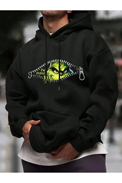 ship master هودي للجنسين أسود قصة فضفاضة بغطاء رأس 100% قطن 3 خيوط B مطبوع مق...