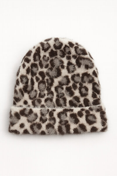 Butik Kadın Yumuşak Dokulu Leopar Desenli Katlamalı Tüylü Akrilik Bere