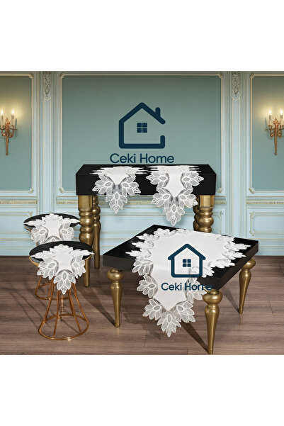 Ceki Home Pera Model Keten Fransız Dantelli 5 Parça Salon Seti –