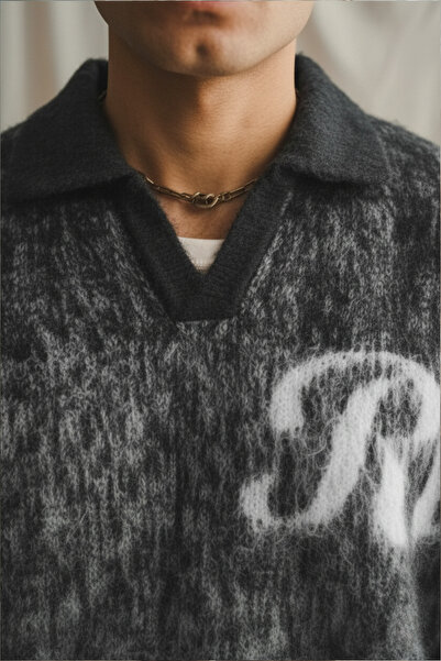 A&O Style Men's Anthracite Oversized Half Placket Polo Neck Rtc Printed Furry Sweater