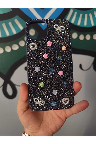 technocaseee İphone 14 Taşlı Gül Desenli Silikon Kılıf