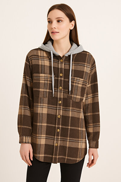 Nagihan Butik Unisex Kahverengi Kapüşonlu Düğmeli Oduncu Gömlek