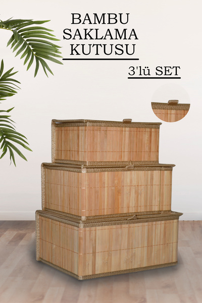 naturelove 3'lü Kapaklı Bambu Saklama Kutusu Seti Çok Amaçlı Dekoratif Banyo ...