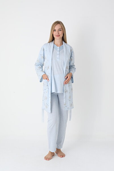 ERDENİZ TEKSTİL طقم بيجامة للحوامل وما بعد الولادة مع روب طويل الأكمام من الق...