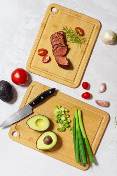 Mutfak Köşesi Lona 2-Piece Bamboo Cutting Board Set - Natural Bamboo Slotted Chopping, Serving and Cutting Board Set