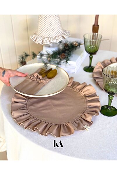 KaiAtelier 6Lı Sienna Keten Yuvarlak Fırfır Detaylı Amerikan Servis/ Supla KAHVE