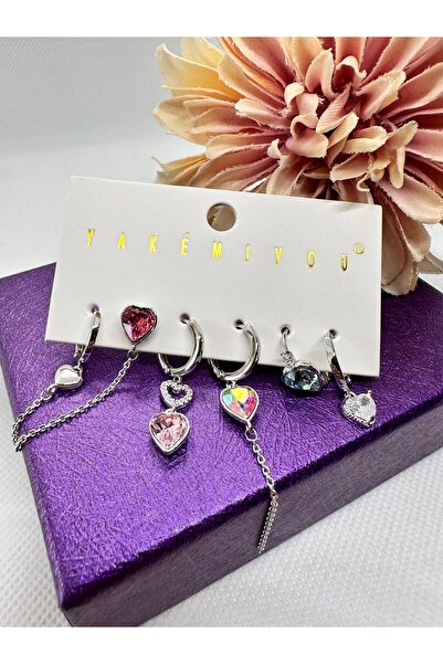 Yakemiyou Zircon Heart Colorful Stone 6 Piece Steel Earring Set