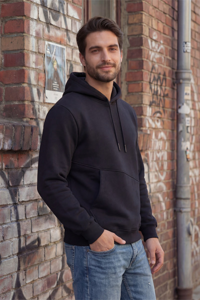 Veleno Siyah Erkek 3 İp Yandan Cepli Kapüşonlu Sweatshirt Puf Yumuşak Kumaş