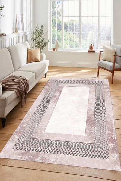 Kessy Home Studio Pudra Gri Modern Geometrik Kaymaz Yıkanabilir Salon Halısı ...