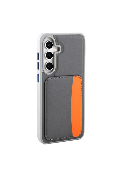 Paladyum Case Samsung Galaxy S25 Fe Compatible Faux Leather Gray Case with Card Holder