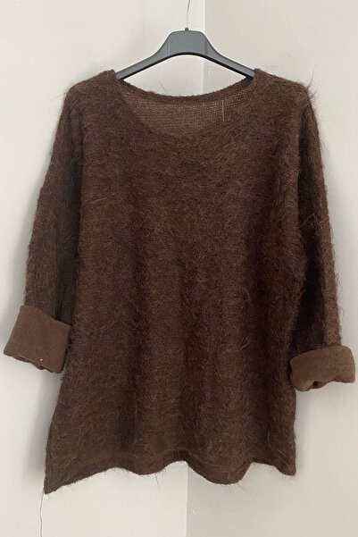 AYASOFYA OTANTIK Women's Italian Brown Plain Pattern Wool Blouse Sweater