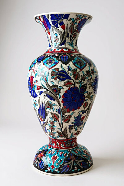 STORESZA El Yapımı Özel Samur İşçiliği 50Cm Elhamra Çini Vazo – Lacivert & Turkuaz Desen