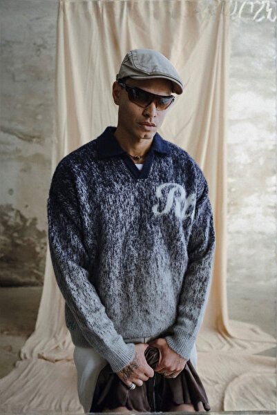 A&O Style Men's Navy Blue Oversized Half Placket Polo Neck Rtc Printed Furry Sweater