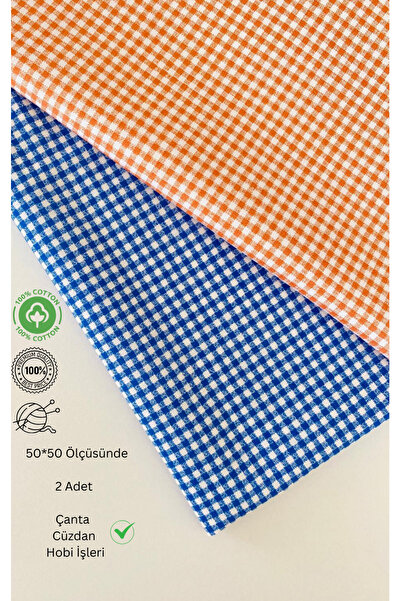 seyranat Çanta-Cüzdan-Hobi İşleri İçin 2 Adet Mavi-Turuncu Pötikare Kareli %100 Pamuklu 50*50 Parça Kumaş