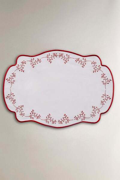 Barine Red Leaf Embroidered Linen American Tablecloth 35X50 cm