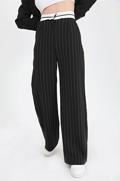 VELİZADE Μαύρο ριγέ υφασμάτινο παντελόνι με ψηλή μέση και φαρδιά μπατζάκια, λ...