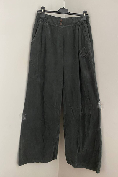 AYASOFYA OTANTIK Women's Italian Anthracite Elastic Waist Floral Embossed Detailed Pocketed Wide Leg Velvet Trousers