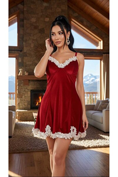 arona lingerie Arona Kırmızı Kadife Gecelik