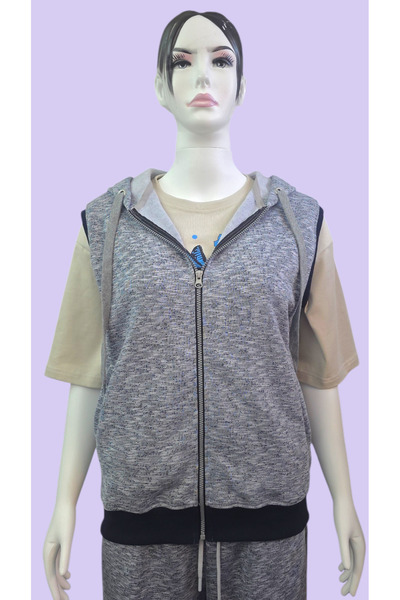 AHMERA Gray Unisex Hooded Transitional Navy Blue Cuffed Vest