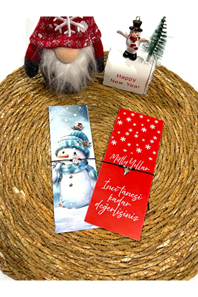 FIERA JEWELRY Set of 2 Snowman and Star Detail Black String Bracelets with New Year's Card