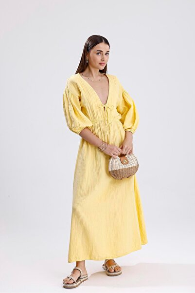 VELİZADE Rochie de damă, galbenă, model confort, cu decolteu în V, mâneci buf...