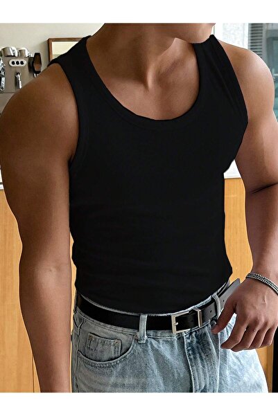 SKYBEAR Erkek Siyah Halter Yaka Tank Top Fitilli Sporcu Likralı Atlet
