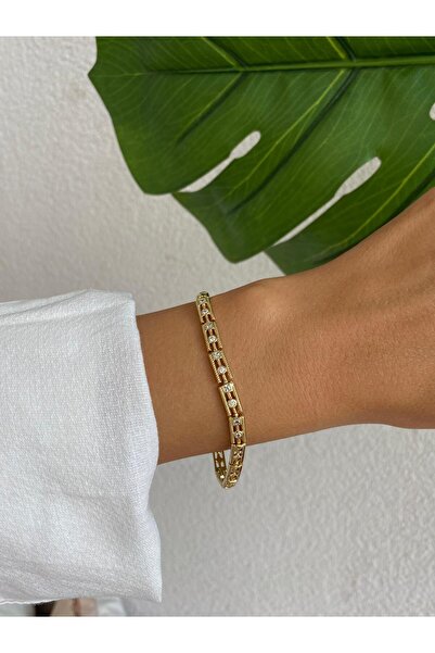 XUPING JEWELRY 14K Zirkon Taş İşlemeli Kare Labirent XP Gold Bileklik