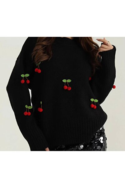 Lavanta Tekstil Pulover tricotat cu broderie de cireșe