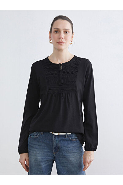 LC Waikiki Black tie-up neck embroidered blouse from plus-store