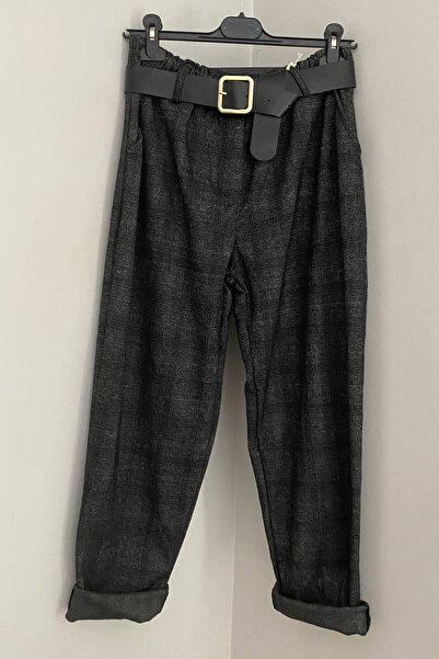 AYASOFYA OTANTIK Women's Italian Anthracite Elastic Waist Belted Checked Patterned Side Pocket Trousers